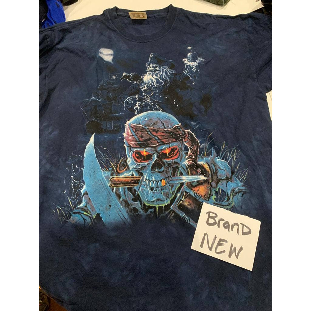 Vtg The Mountain Pirate Skull Blue Tie Dye Mens TShirt Sword Ship